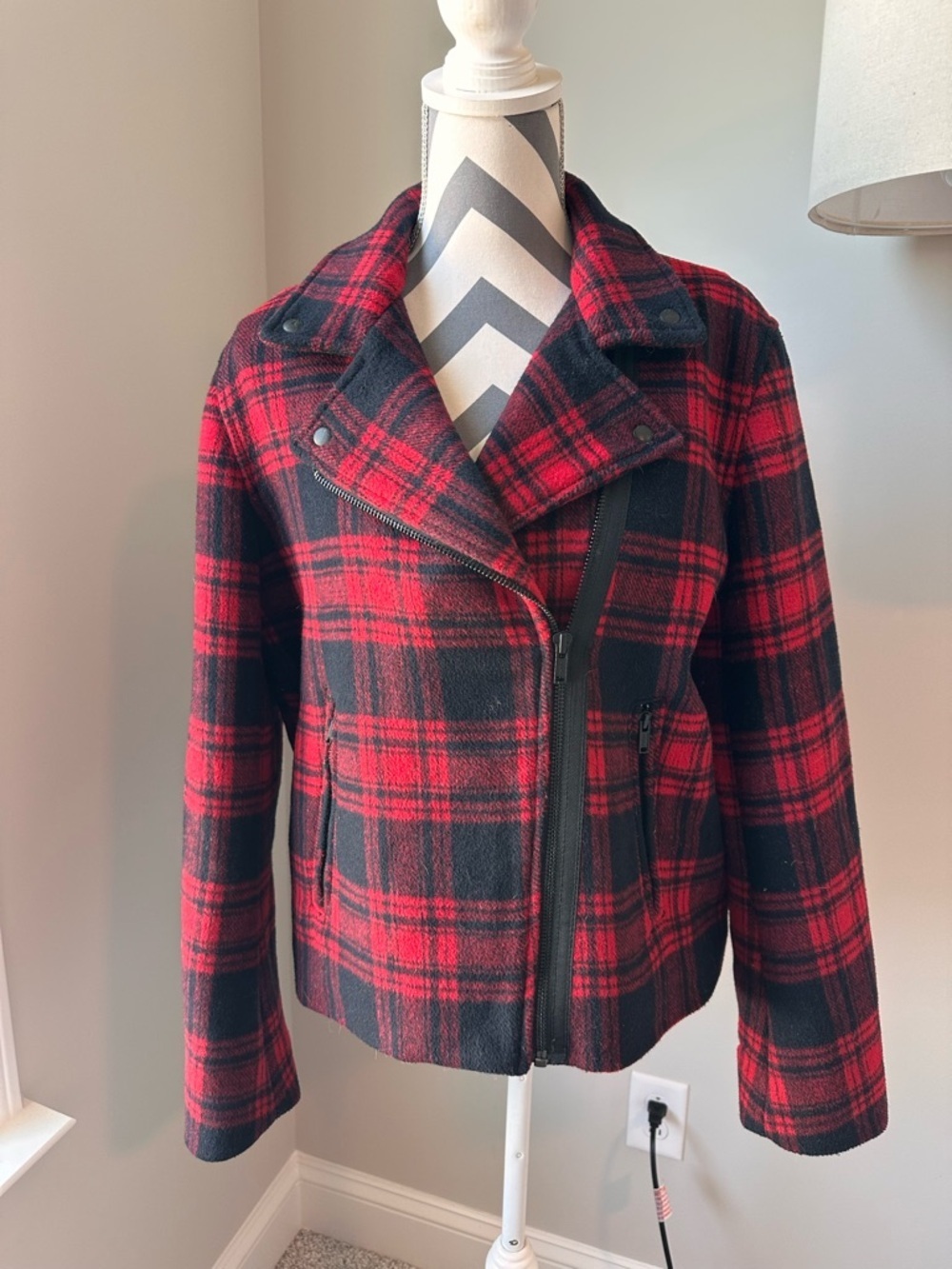 Gap Buffalo Plaid Wool Moto Jacket XL Red Black Zip Lumberjack Biker Adjustable